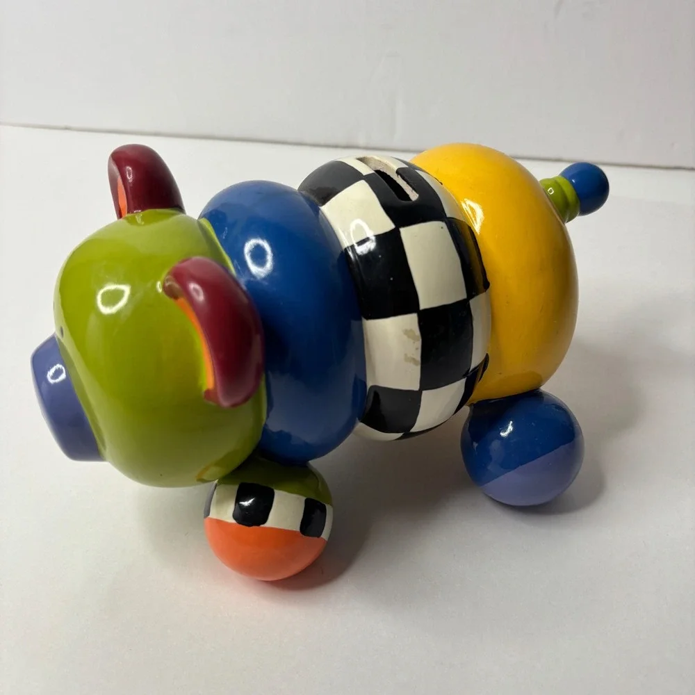 Postmodern Memphis Style Ceramic Piggy Bank Colorful Checkerboard Geometric Pig